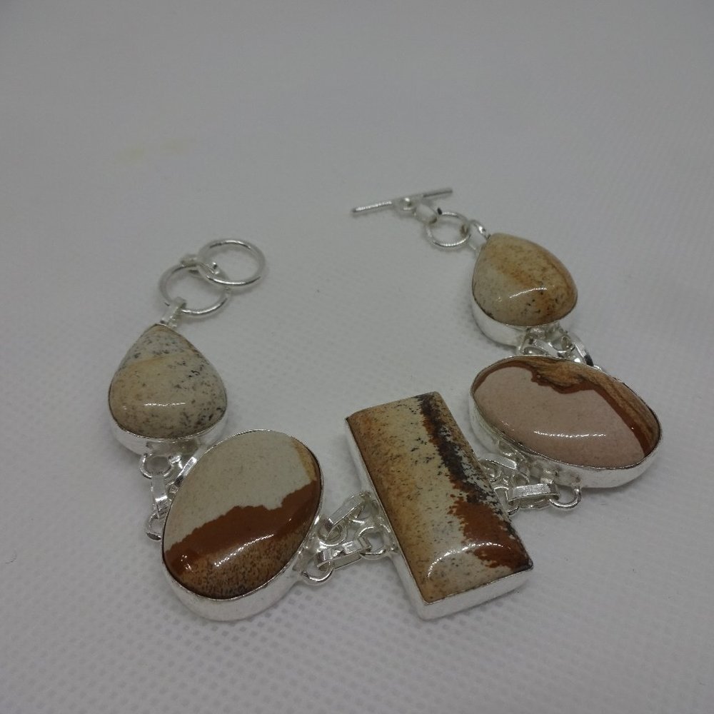 Natural "PICTUREJASPER" Handmade Sterling Bracelet 7" #622 - Picture 1 of 3